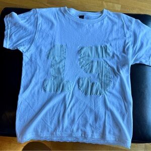 🩵🤍Gildan White Women’s T-shirt with Striped Number 15🤍🩵